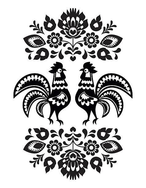 Polish folk art embroidery with roosters in black and white Decorative traditional vector patters set - monochrome, paper cutout style isolated on white folk stock illustrations