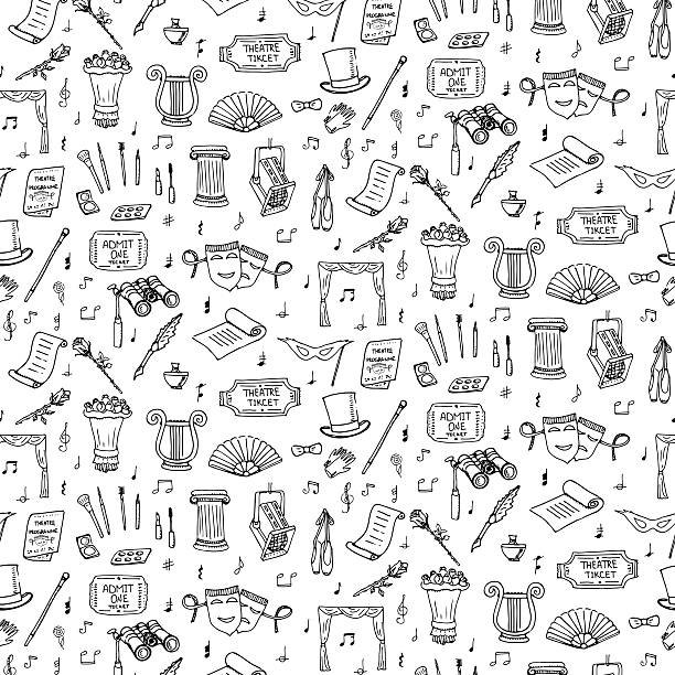 Theater set Seamless background theater hand drawn doodle Theatre set Vector illustration Sketchy theater icons Acting performance elements Ticket Masks Lyra Curtain stage Musical notes Pointe shoes Make-up tools binoculars patterns stock illustrations