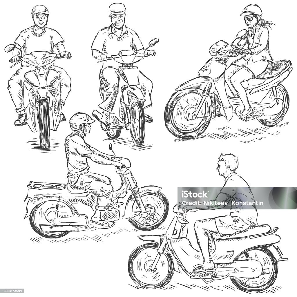 Motorcycle Rider Scetch Vector Set Of Sketch Riders On Motorbikes Stock Illustration - Download ...
