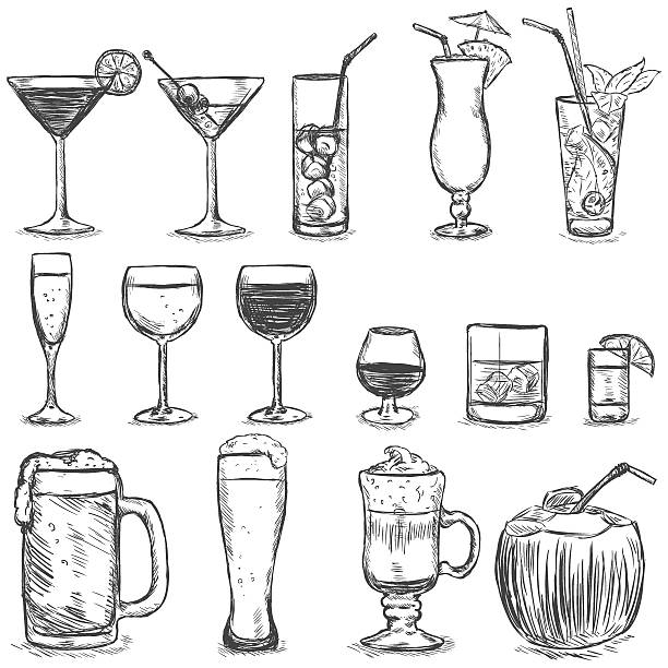 illustrazioni stock, clip art, cartoni animati e icone di tendenza di vettore schizzo set di cocktail e bevande alcoliche - bicchiere illustrazioni