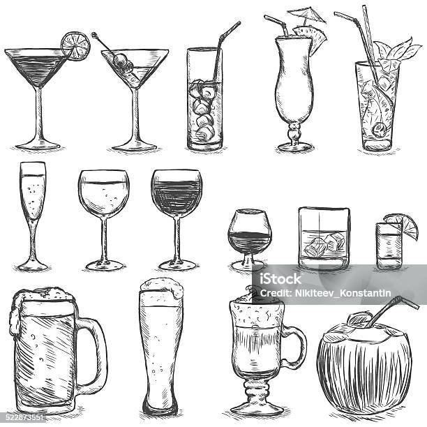 Vector Set Of Sketch Cocktails And Alcohol Drinks Stock Illustration - Download Image Now - Cocktail, Drink, Illustration