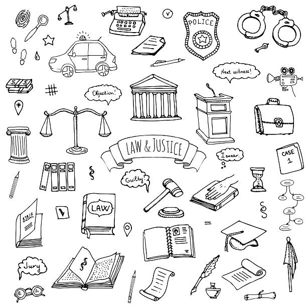 Law and Justice Hand drawn doodle Law and Justice icons set Vector illustration law sketchy symbols collection Cartoon law concept elements suitable for info graphics, websites and print media. Black and white icons balance drawings stock illustrations