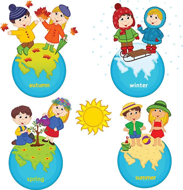 Vector illustration of children and four seasons on the planet