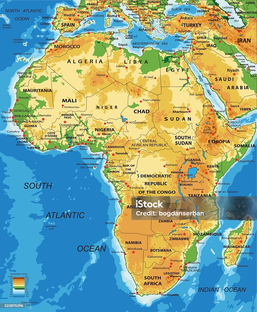 Africa-physical map Highly detailed physical map of Africa. Map stock vector