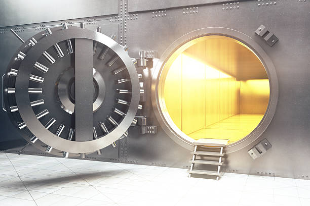 Open bank vault Open bank vault with golden walls. 3D Render digital repository stock pictures, royalty-free photos & images