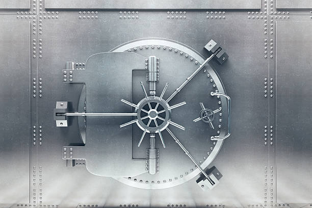 Silver bank vault front Front  view of light silver bank vault door, closed. 3D Render safe security equipment stock pictures, royalty-free photos & images