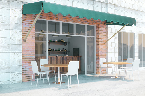 Small cafe with brick walls and green canopy exterior design. 3D Render