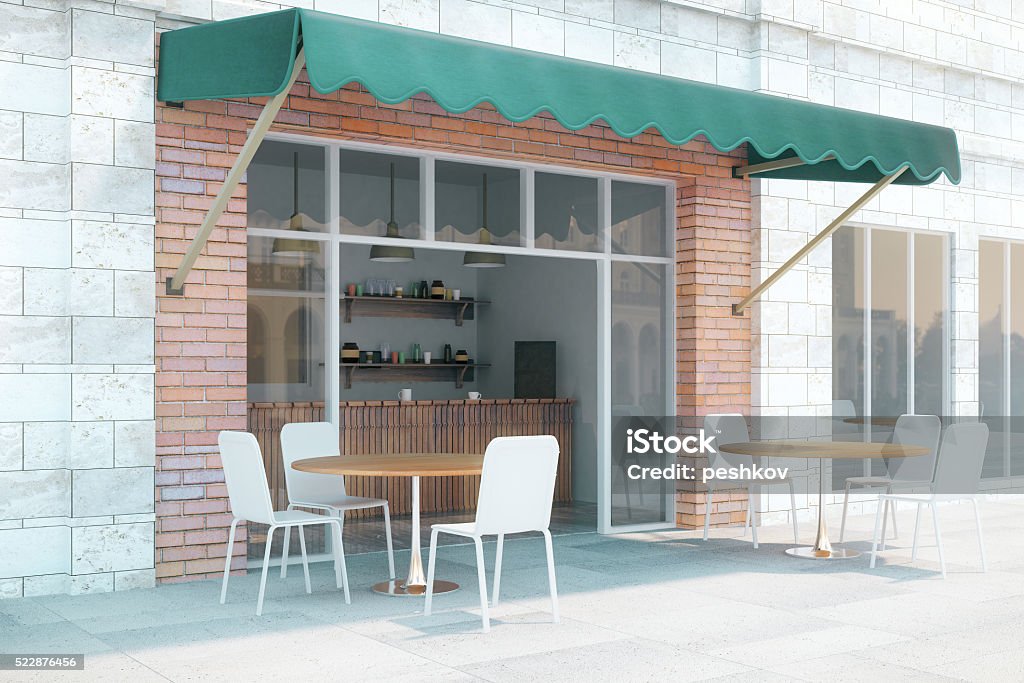 Cafe exterior side Small cafe with brick walls and green canopy exterior design. 3D Render Store Stock Photo