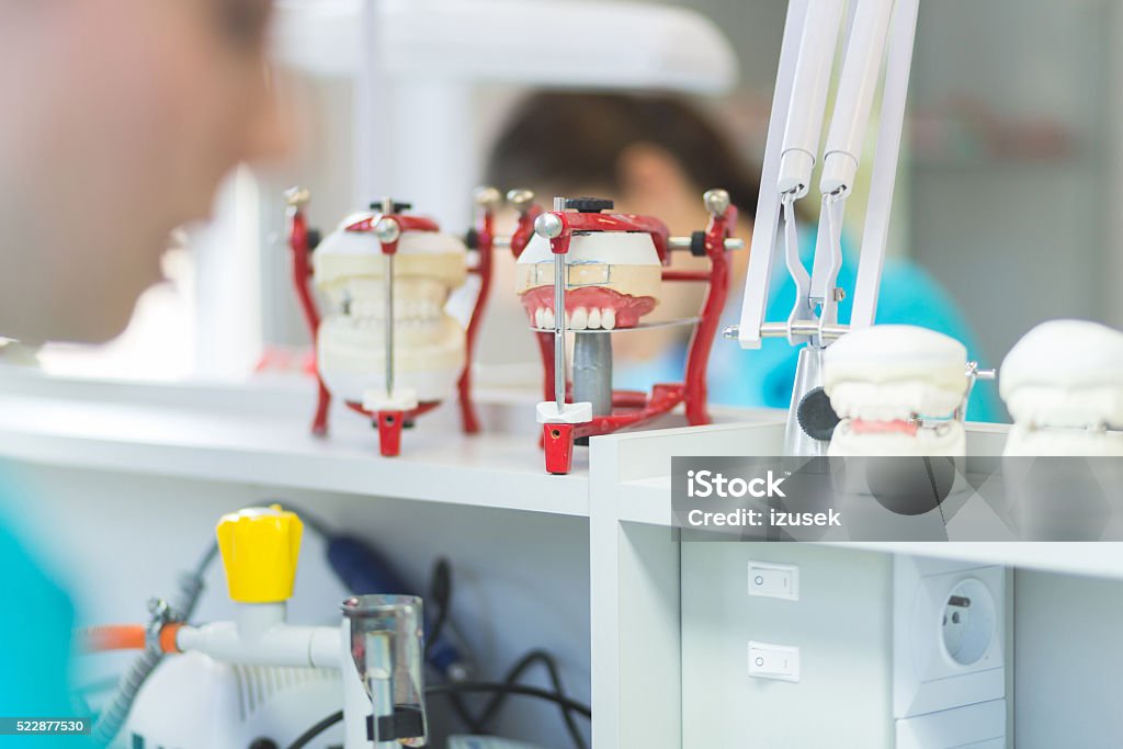 Prosthodontic lab, focus on dentures Female students in a prosthodontic lab, learning prosthetic dentistry. Adult Stock Photo