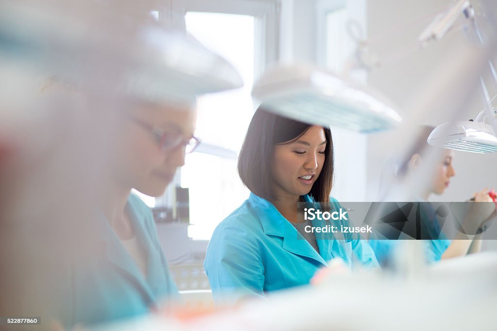 Female students learning prosthetic dentistry Multi ethnic female students in a prosthodontic lab, learning prosthetic dentistry. Adult Stock Photo