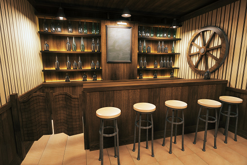 Side view of a wooden pub interior with empty blackboard. 3D Render