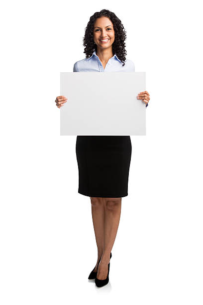 mujer de negocios mostrando cartel - businesswoman advertise placard advertisement fotografías e imágenes de stock