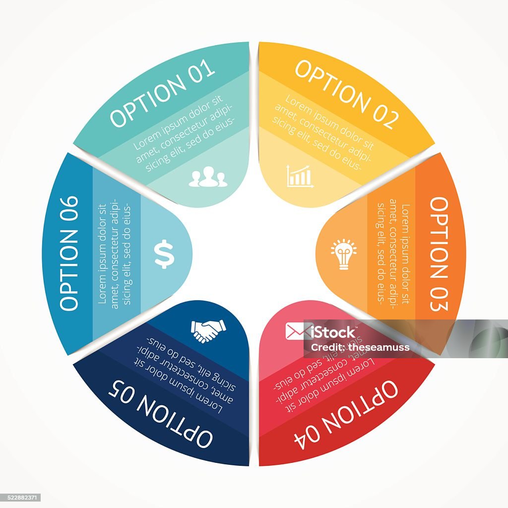 Business-Kreis Infografik, Diagramm 6 Optionen - Lizenzfrei Abstrakt Vektorgrafik
