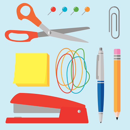 Vector illustration of various office supplies in flat style. Includes scissors, paper clip, stapler, pen, pencil, thumb tacks, sticky notes, and rubber bands.