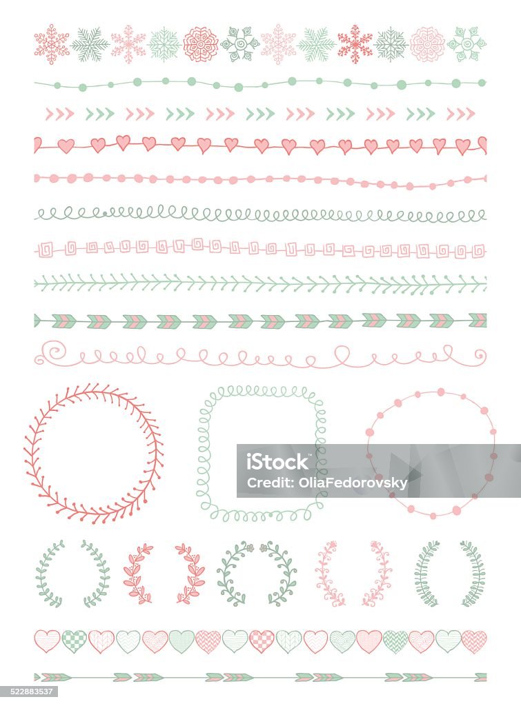 Hand-Drawn Seamless Borders and Design Elements Colorful Hand-Drawn Doodle Seamless Borders and Design Elements. Decorative Flourish Frames, Brackets. Vector Illustration. Pattern Brushes Arrow Symbol stock vector