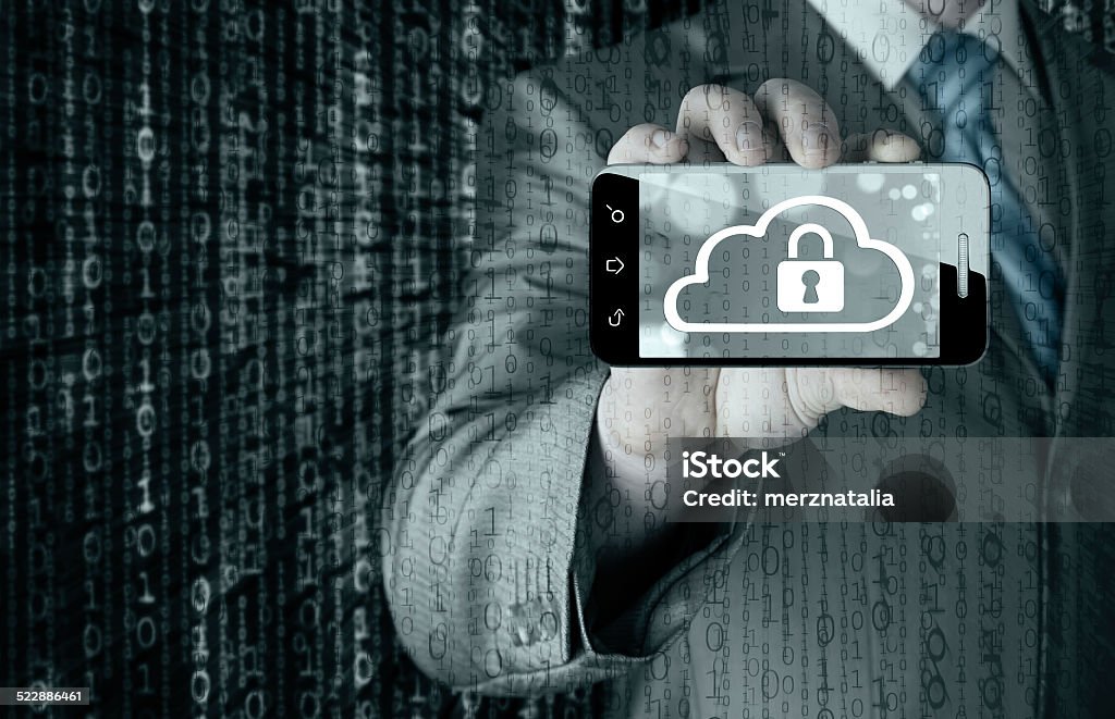 Man holds smart phone with cloud security concept on white Man holds smart phone with cloud security concept on white background Adult Stock Photo