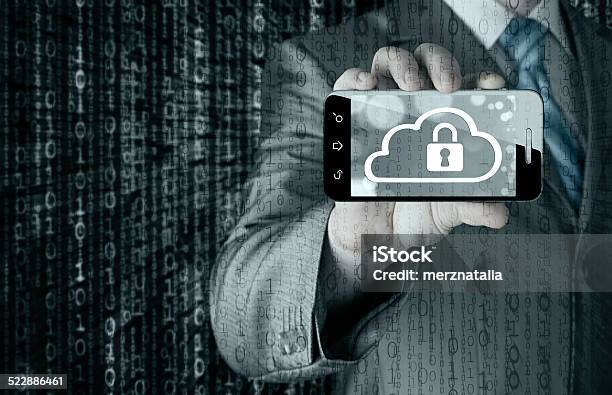 Man Holds Smart Phone With Cloud Security Concept On White Stock Photo - Download Image Now