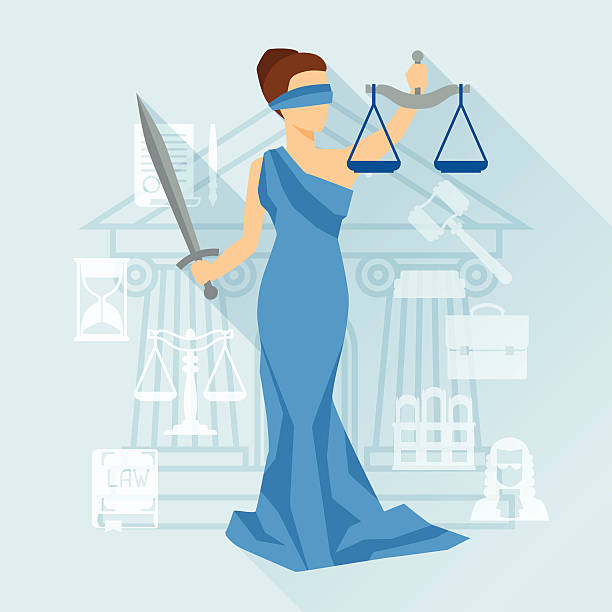 lady justice-illustration im flachen design-stil. - justitia stock-grafiken, -clipart, -cartoons und -symbole