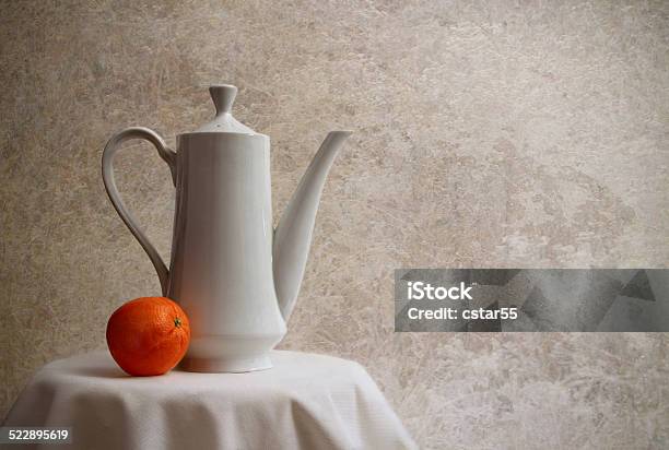 Fine Art Still Life Of Teapot And Orange Stock Photo - Download Image Now - Beige, Fine Art Painting, Art
