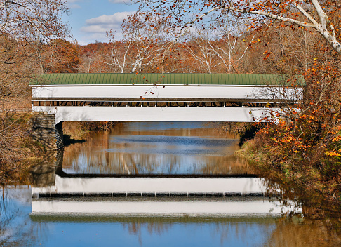 The historic Westport Covered Bridge crosses Sand Creek in rural Decatur County, Indiana.