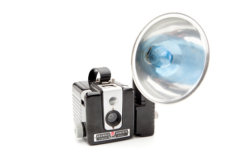 Los Angeles, United States - November 9, 2014: Kodak Brownie camera with flash bulb isolated on a white background