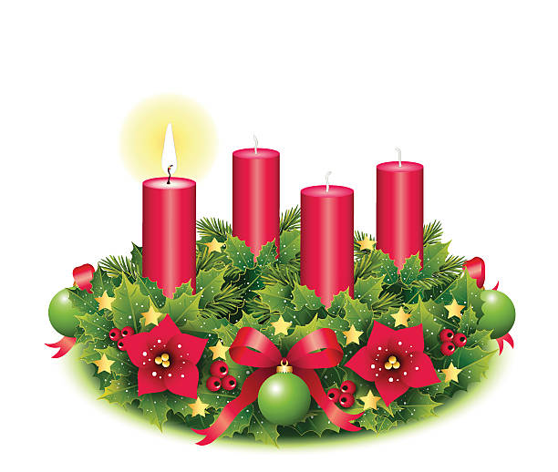 Advent wreath with one burning candle vector illustration, isolated on white background poinsettia christmas candle flower stock illustrations