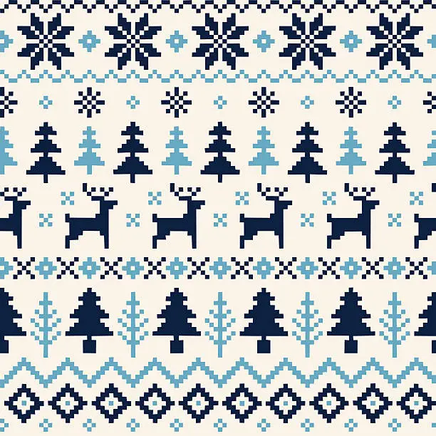 Vector illustration of Handmade Seamless Christmas Pattern with Reindeer, Christmas Trees and Snowflakes