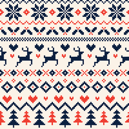 A hand illustrated seamless Christmas pattern created with imperfect square shapes to have a rough, handmade, arts and crafts feel. This pattern is perfect for your festive design project or as a background for any Christmas invitation. The squared pattern incorporates reindeer, hearts, Christmas trees and snowflakes and can be repeated both vertically and horizontally. The scalable eps10 file can also be used at any size without loss of quality.