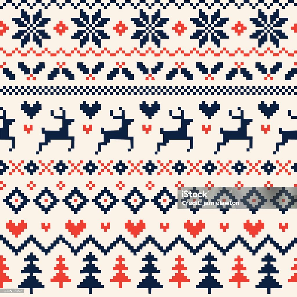 Handmade Seamless Christmas Pattern with Reindeer, Hearts, Christmas Trees and Snowflakes A hand illustrated seamless Christmas pattern created with imperfect square shapes to have a rough, handmade, arts and crafts feel. This pattern is perfect for your festive design project or as a background for any Christmas invitation. The squared pattern incorporates reindeer, hearts, Christmas trees and snowflakes and can be repeated both vertically and horizontally. The scalable eps10 file can also be used at any size without loss of quality. Christmas stock vector