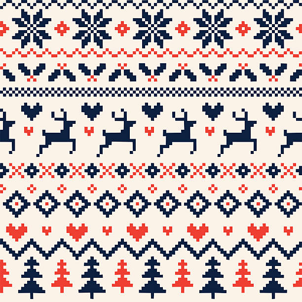 Handmade Seamless Christmas Pattern with Reindeer, Hearts, Christmas Trees and Snowflakes A hand illustrated seamless Christmas pattern created with imperfect square shapes to have a rough, handmade, arts and crafts feel. This pattern is perfect for your festive design project or as a background for any Christmas invitation. The squared pattern incorporates reindeer, hearts, Christmas trees and snowflakes and can be repeated both vertically and horizontally. The scalable eps10 file can also be used at any size without loss of quality. cardigan sweater stock illustrations