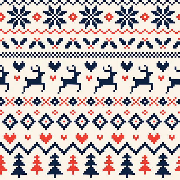 Vector illustration of Handmade Seamless Christmas Pattern with Reindeer, Hearts, Christmas Trees and Snowflakes