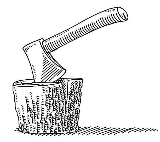 Axe In The Log Drawing Hand-drawn vector drawing of an Axe In The Log. Black-and-White sketch on a transparent background (.eps-file). Included files are EPS (v10) and Hi-Res JPG. axe stump stock illustrations