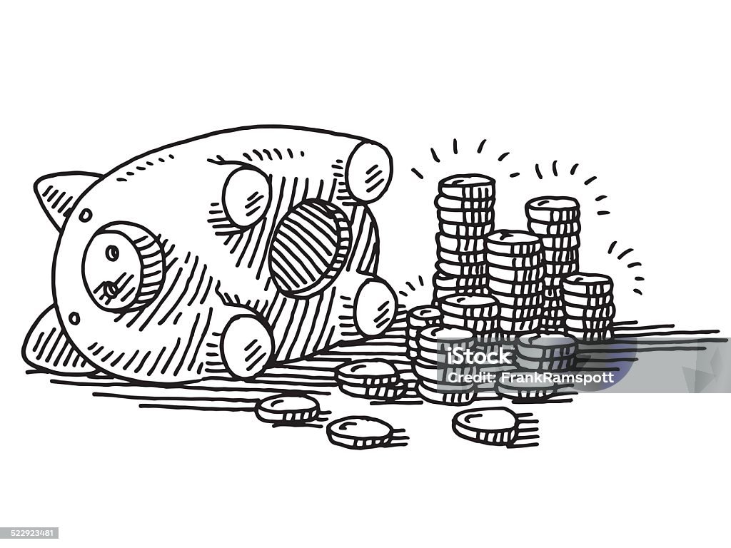 Opened Piggy Bank Coins Savings Drawing Hand-drawn vector drawing of an Opened Piggy Bank with stacks of Coins, Savings Concept Image. Black-and-White sketch on a transparent background (.eps-file). Included files are EPS (v10) and Hi-Res JPG. Piggy Bank stock vector