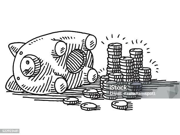 Opened Piggy Bank Coins Savings Drawing Stock Illustration - Download Image Now - Piggy Bank, Currency, Doodle