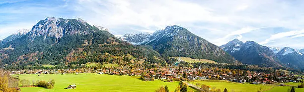 mountains Alps: Rubihorn, Schattenberg, Höfats, Riffenkopf, Kreuzeck, Kegelkopf & view to famous Bavarian Oberstdorf with ski jump