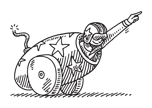 Hand-drawn vector drawing of a Brave Artist performing a spectacular Circus Stunt with a Cannon. Black-and-White sketch on a transparent background (.eps-file). Included files are EPS (v10) and Hi-Res JPG.