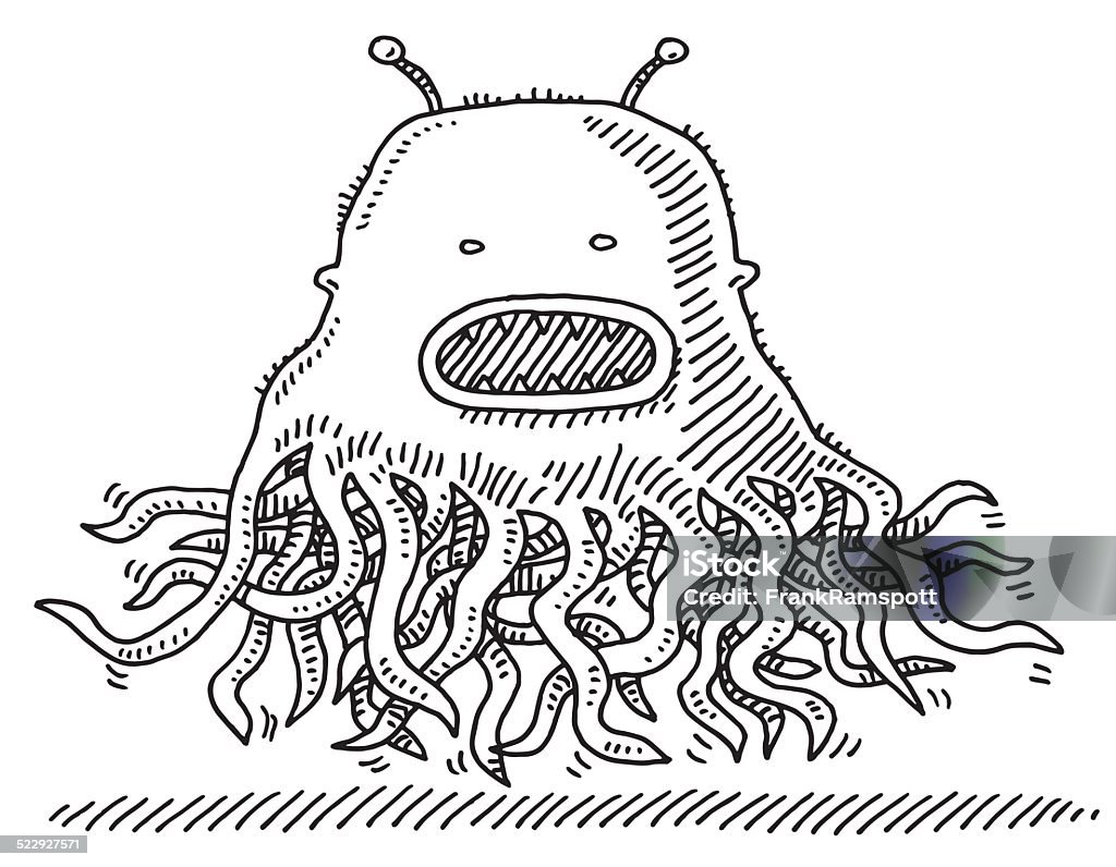 Monster Creature Tentacles Drawing Hand-drawn vector drawing of a fearful Monster Creature with Tentacles. Black-and-White sketch on a transparent background (.eps-file). Included files are EPS (v10) and Hi-Res JPG. Monster - Fictional Character stock vector