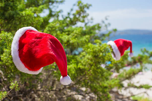 istock Santa hat on spruce bush background the turquoise sea 522927723