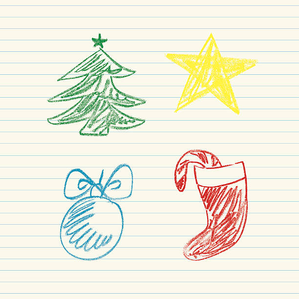 Christmas Doodles Set Pastel Christmas dwaings on lined paper. Vector illustration. EPS10, Ai10, PDF, High-Res JPEG included. christmas drawings stock illustrations