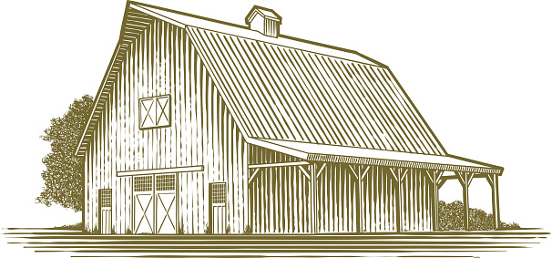 Woodcut-style illustration of a barn.