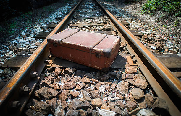 istock Vintage suitcase on railway road 522958067
