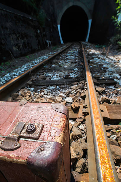 istock Vintage suitcase on railway road 522958077