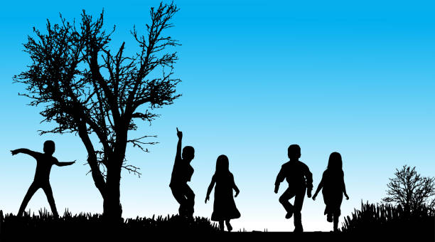 illustrations, cliparts, dessins animés et icônes de illustration de silhouette d'enfants. - preschooler playing family summer