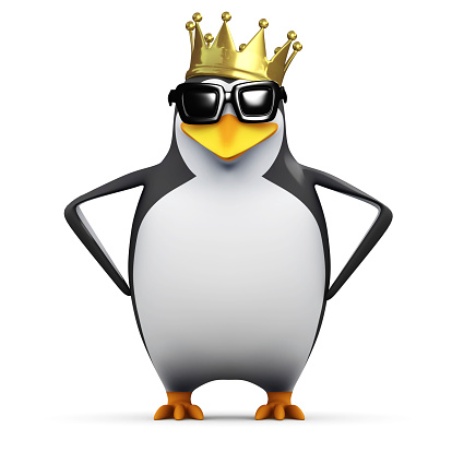 3d render of a penguin in a gold crown with hands on hips.