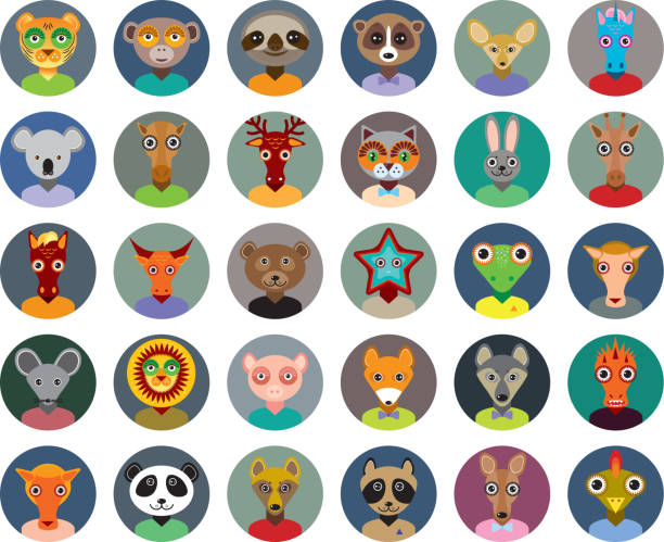 Set of animals faces circle icons set Trendy Flat Style. Set of animals faces circle icons set in Trendy Flat Style. zoo infographics design. bull head man stock illustrations