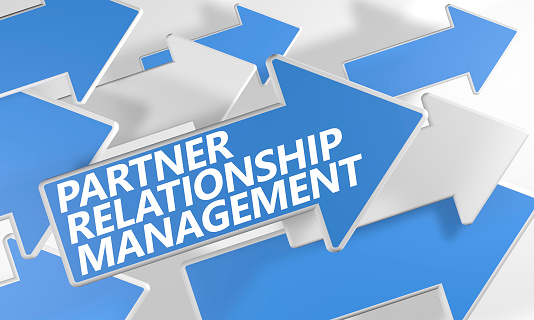 Partner Relationship Management 3d render concept with blue and white arrows flying over a white background.