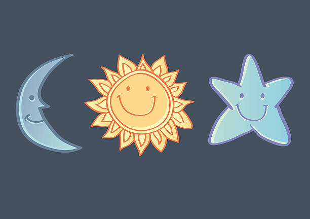 Sun, Moon and Star Icons Isolated on Dark Blue Background Vector cartoon illustration of happy smiling crescent moon, sun and stars on dark blue background nursery rhyme clip art stock illustrations
