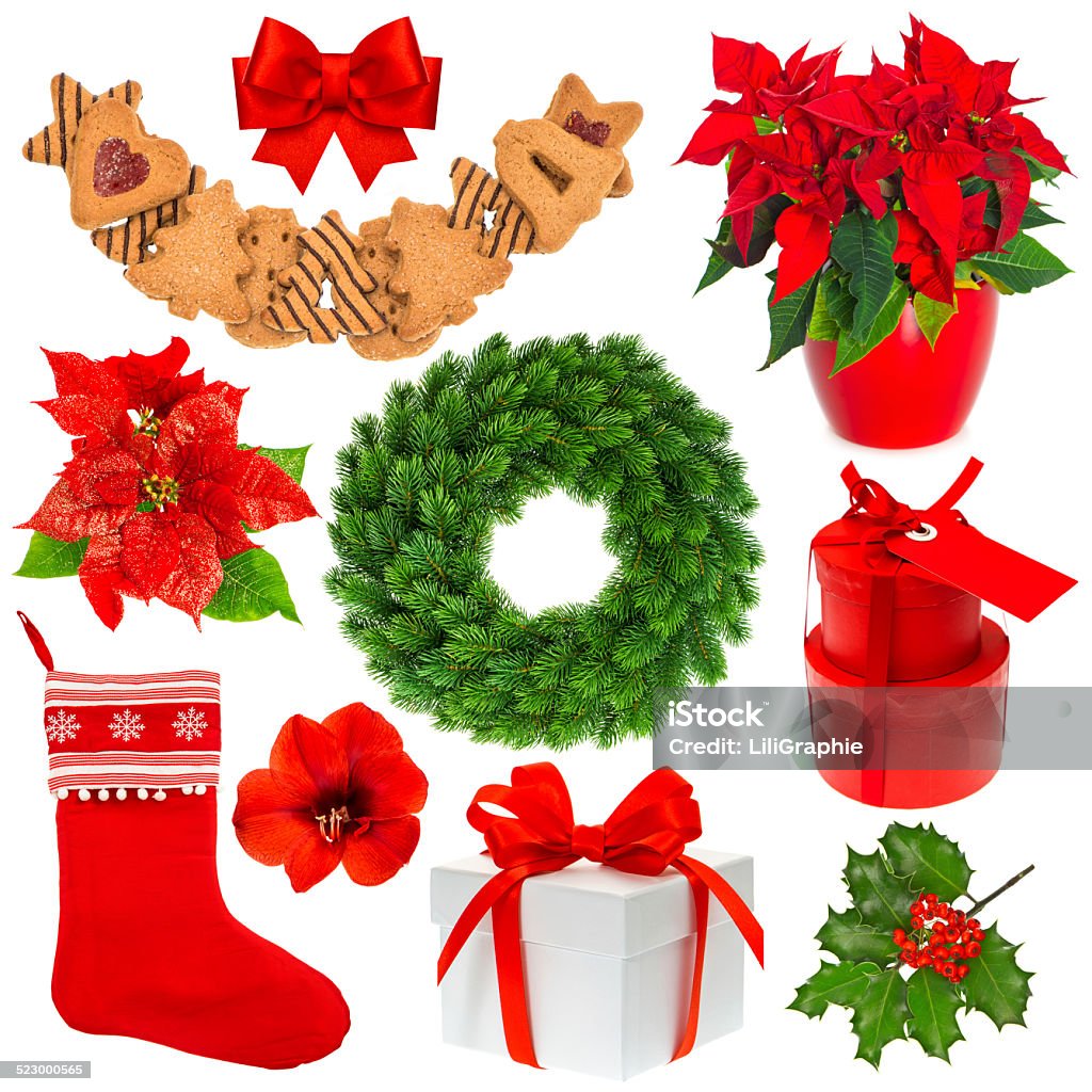 Christmas collection isolated on white background Christmas collection isolated on white background. Stocking, gifts, wreath, cookies, red flower Christmas Decoration Stock Photo