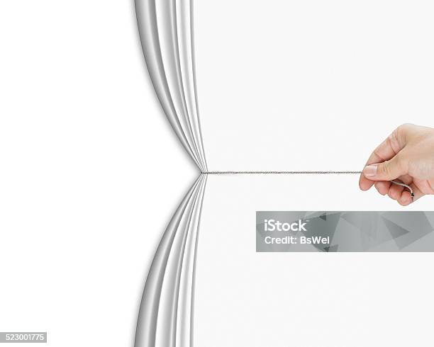 Human Hand Pulling Open White Blank Curtain With Empty Behind Stock Photo - Download Image Now