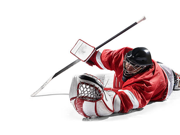 hockey torhüter isoliert - ice hockey hockey puck playing shooting at goal stock-fotos und bilder